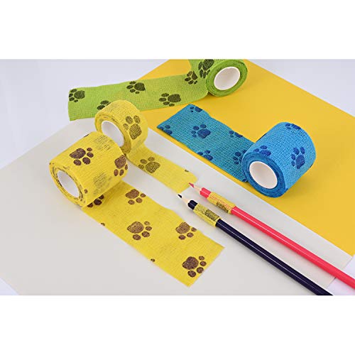 3 Rolls Pet Vet Wrap Self Adhesive Pet Elastic Bandage Vet Wrap Tape for Wrist, Ankle Sprains & Swelling, 3 Colors with Dog Paw Pattern