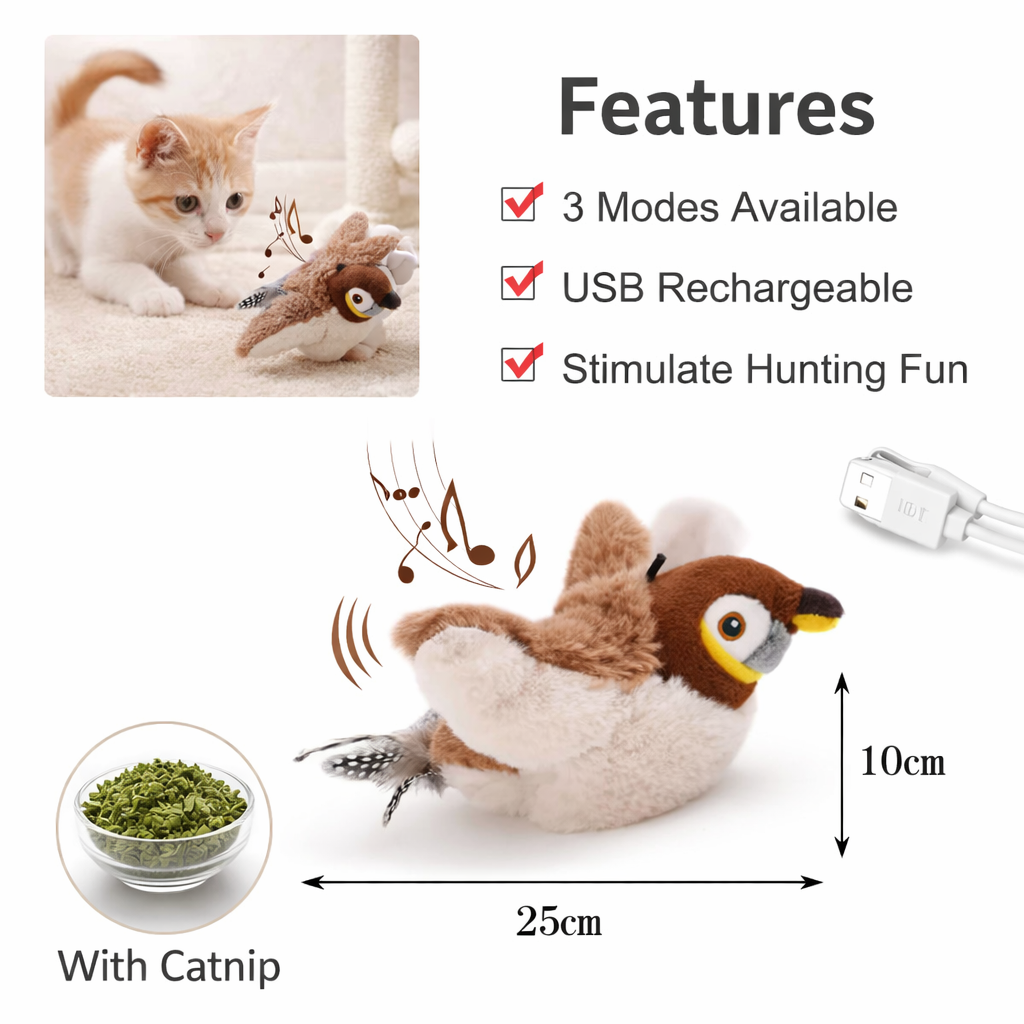 Cat Toy Interactive Electric Fluttering Sparrow – 25cm Realistic Bird with Fluttering Wings & Motion Sensor