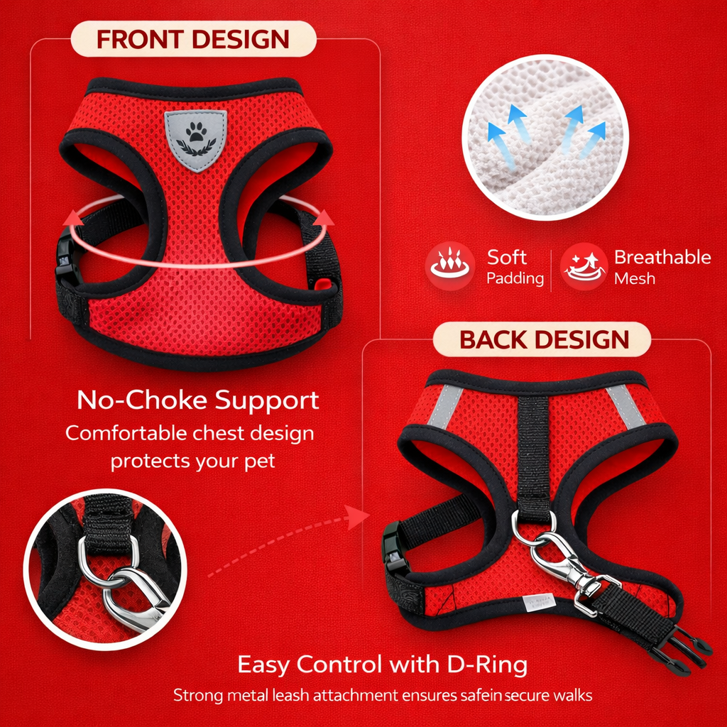 Cat Harness Vest with Lead – Adjustable Mesh Walking Harness for Cats & Small Dogs (Reflective, Breathable)