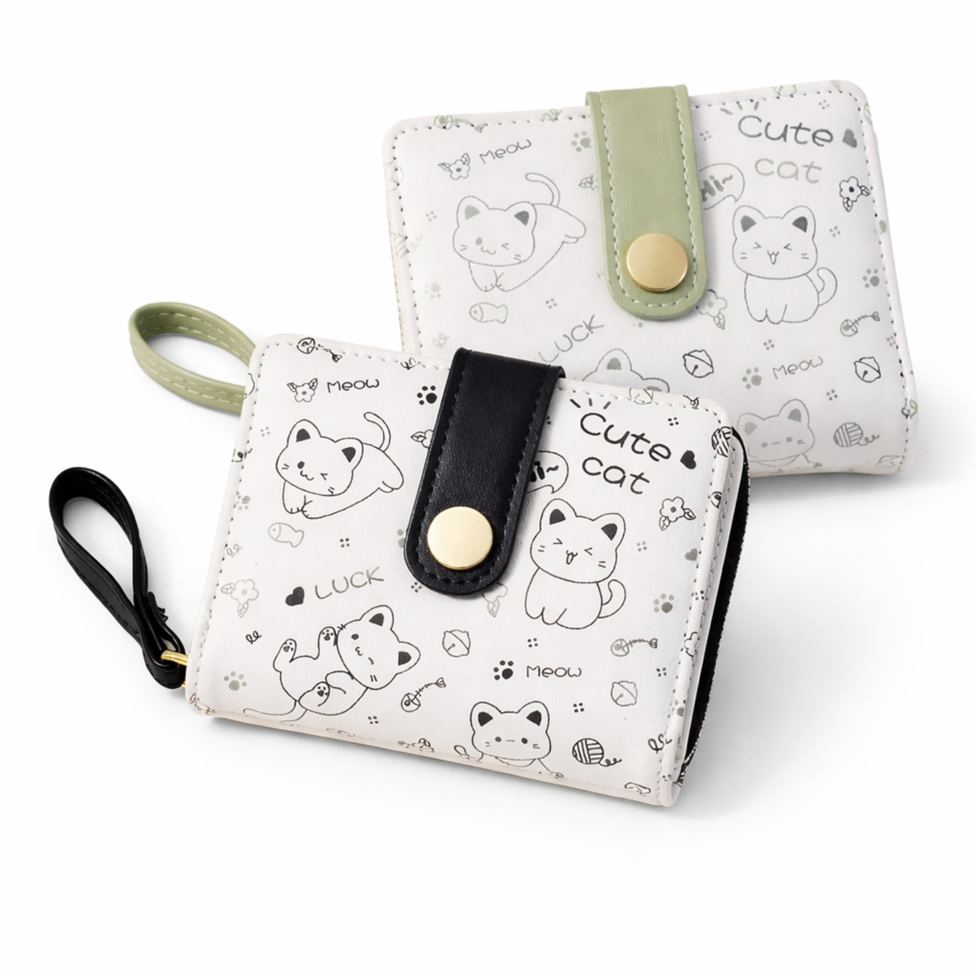 Cat Print Wallet – Green / Black