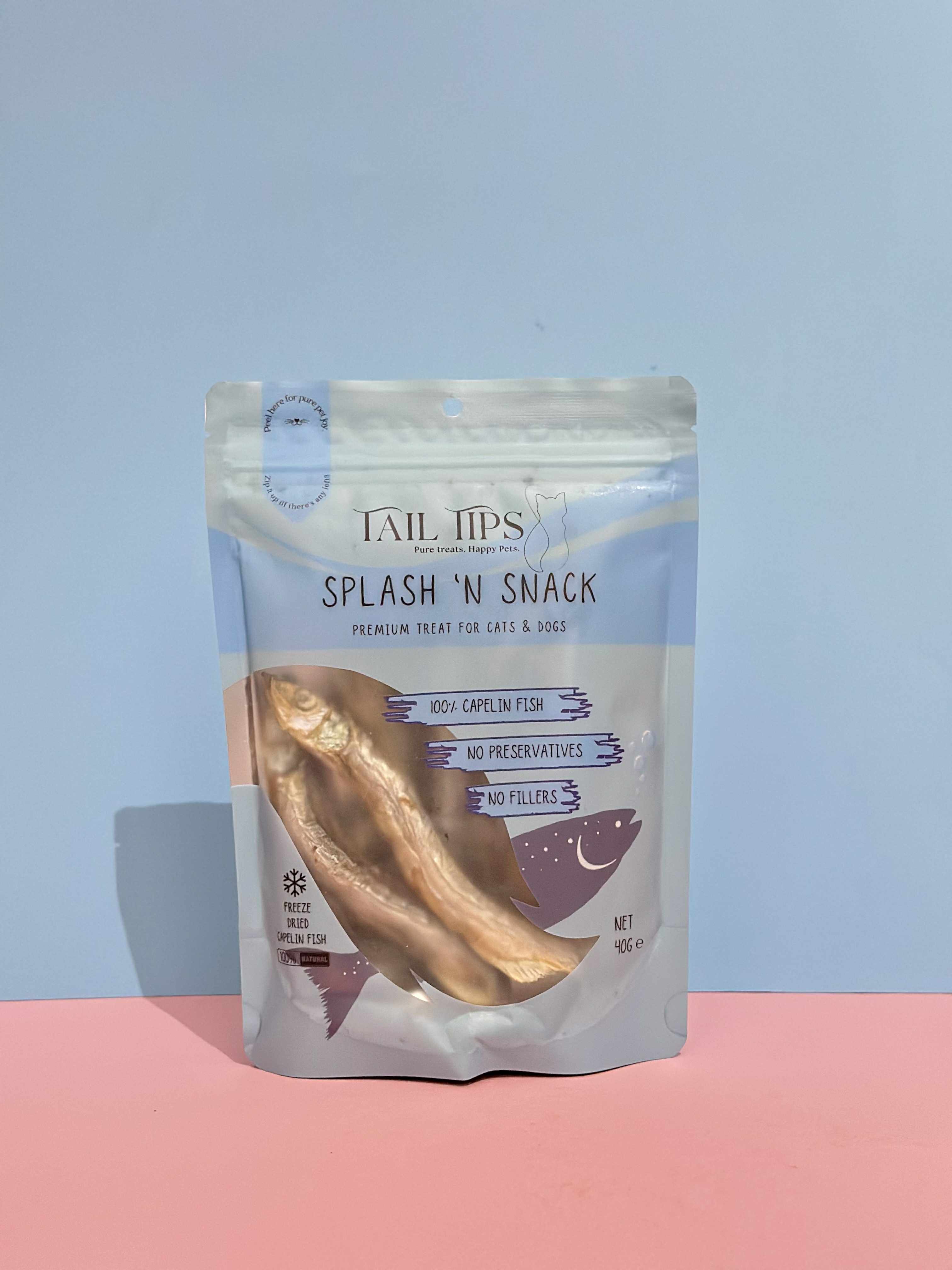Splash N' Snack - 100% Freeze-Dried Capelin Treats | Pure & Natural | Tail Tips UK | 40g pack
