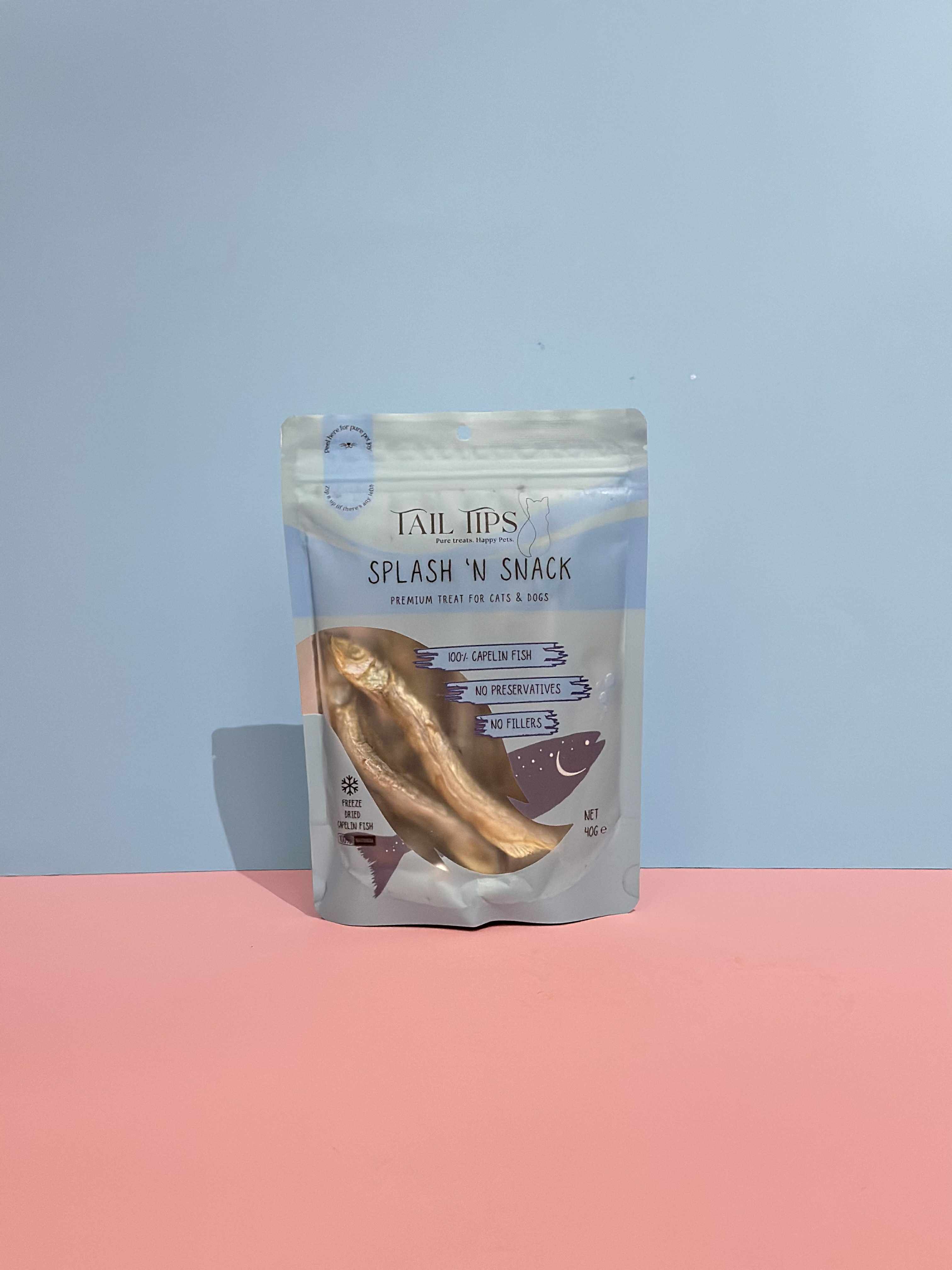 Splash N' Snack - 100% Freeze-Dried Capelin Treats | Pure & Natural | Tail Tips UK | 40g pack